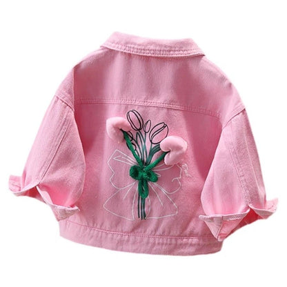 P Abrigo nuevo de primavera y otoño para niña, moda extranjera, tesoro femenino, lindo abrigo rosa con flores tridimensionales en la espalda 