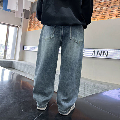 P Medium Large Children's Jeans Children's Boys Pants Older Children's Men's Trendy Foreign Jeans Girls' Wide Leg Pants