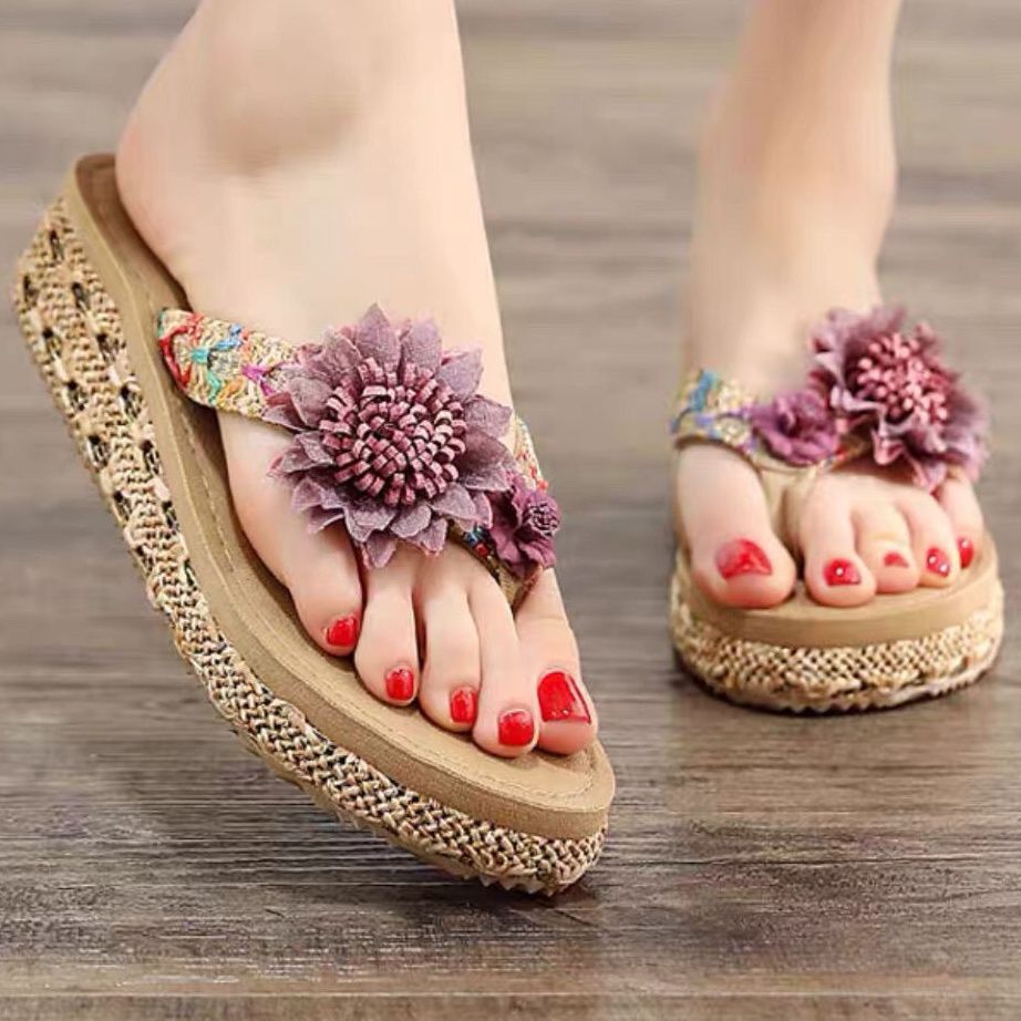 P 2023 Verano Nuevas Zapatillas de Espiga con Flores para Mujer Moda de Celebridades de Internet Prendas de Vestir Exteriores Tacón Inclinado Suela Gruesa Zapatillas de Playa Antideslizantes