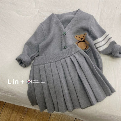 Girls&#039; Spring Dress Set 2024 New Children&#039;s College Style Sweater Cardigan Skirt Foreign Baby Two-piece Set