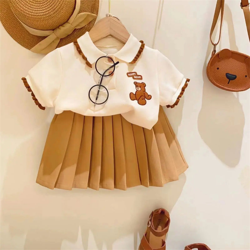 P girls POLO shirt dress new summer clothing, children's short sleeved T-shirt pleated skirt set, college style two-piece set 2