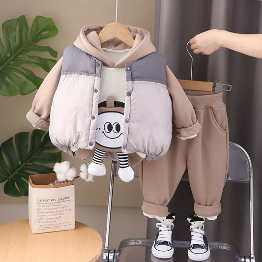 P Boys' Winter Clothing Thickened Vest Three-piece Set This Foreign Style Baby Autumn and Winter Fleece Sweater Set Baby Children's Clothing