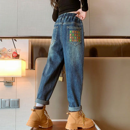 P girls jeans medium and older children's foreign dad pants wide-leg wear loose spring and autumn Korean version children's casual elastic pants