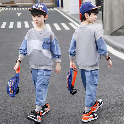 Children's clothing, boys' autumn suit, new children's spring boys' hoodie, two piece set of large children's denim clothes 1KG