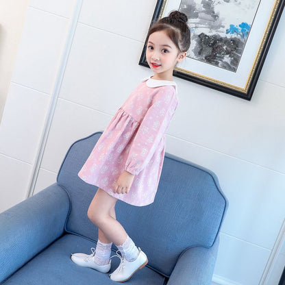 Girls spring and autumn dress flowers, new korean version doll collar long sleeve princess skirt, middle and big children's skirt shirt, children