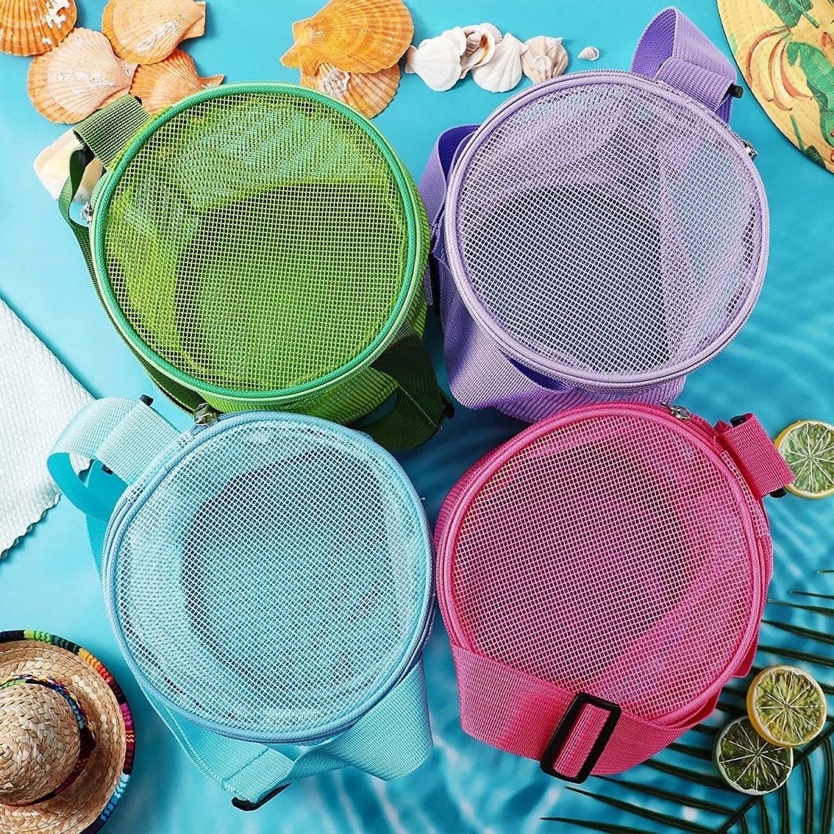 P New Children's Mesh Shell Storage Bag Beach Stereoscopic Circular Sand Digging Bucket Toy Sorting Collection Bucket Mesh Bag