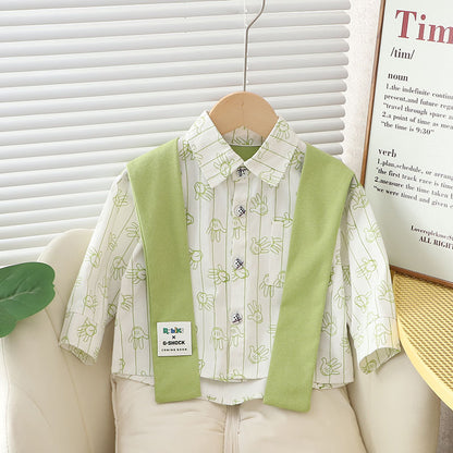 P Boys Autumn Shirt Set 2024 New Style Long-sleeved Shirt for Men and Children Spring and Autumn Children Handsome Three-piece Set