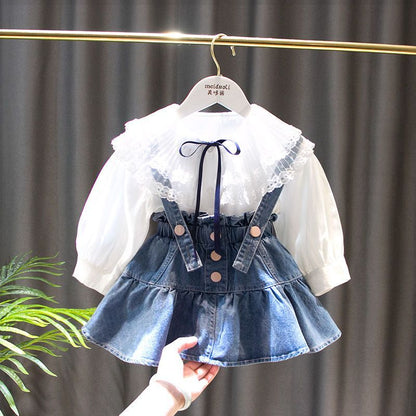 Trajes de otoño para niñas, nuevas faldas vaqueras coreanas extranjeras de otoño para niñas, tendencia de dos piezas de camisa para niños