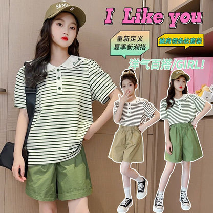 P Girls Set 2024 Summer New Children's Doll Collar Short Sleeve Foreign Style Girl Summer Korean Version Striped Two-Piece Set