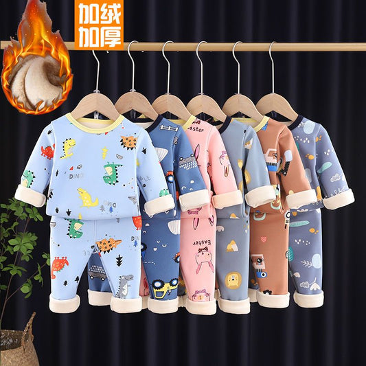 P children's thermal underwear set fleece thickened boys and girls long johns baby pajamas children's underwear winter