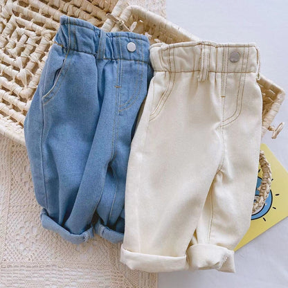 P baby pants 0-3 years old baby soft jeans spring boys and girls Korean version solid color casual high waist large PP pants