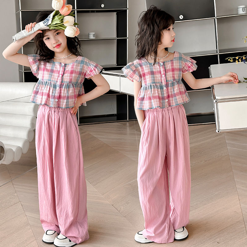 P Girls' Doll Shirt Short Sleeve Set Summer 2024 Internet Red checked shirt girl wide leg pants two-piece set trendy