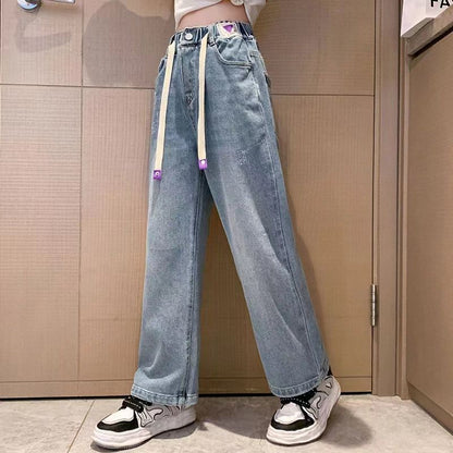 P girls pants spring and autumn Internet celebrity children medium and older children loose casual trousers girls jeans spring wide leg trousers