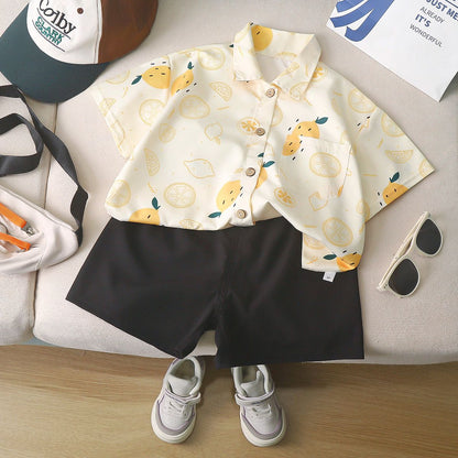 P Children's summer thin baby dopamine beach top short sleeve shirt lemon yellow boys loose shirt